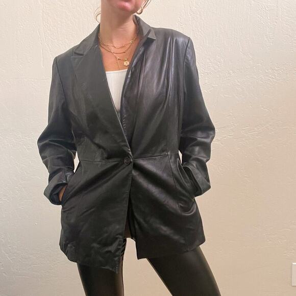 Vintage Jackets & Blazers - Vintage 1990's Black 100% Leather Blazer Jacket w/ Single Button Closure